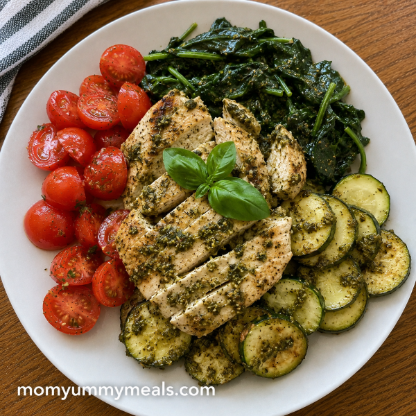 Warm chicken pesto plate with zucchini spinach and cherry tomatoes