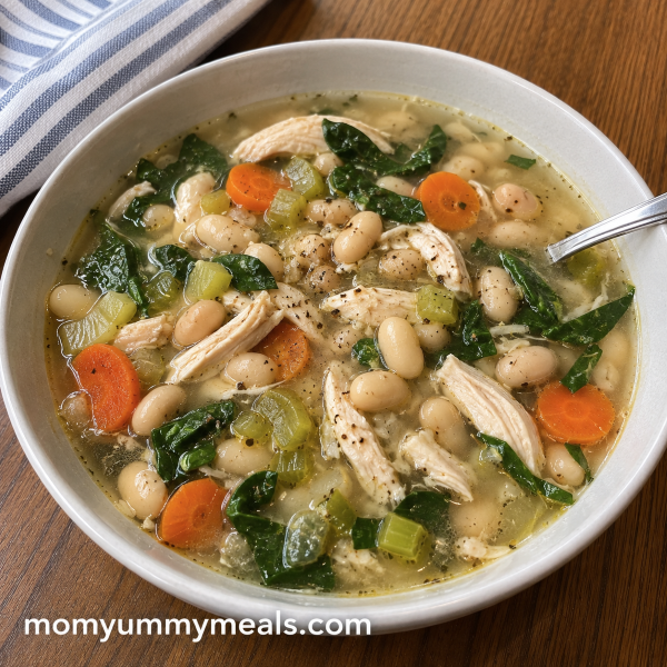 White bean chicken soup with carrots celery and spinach