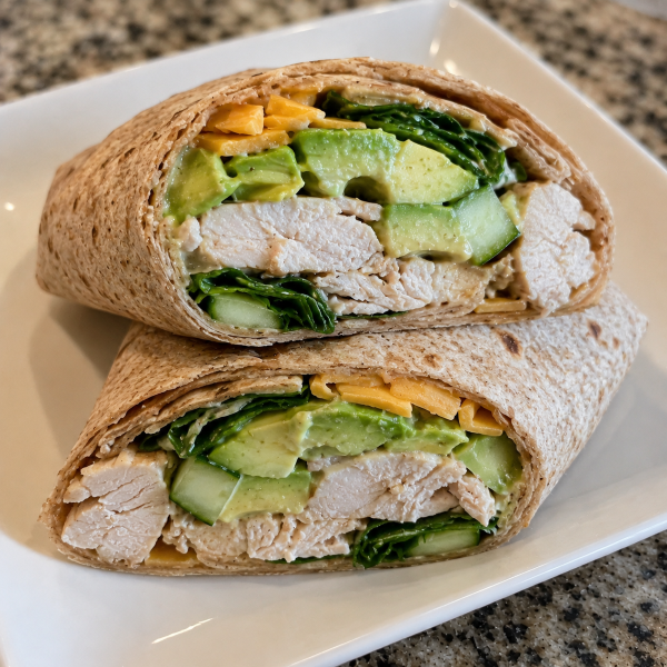 Whole grain chicken avocado wrap with spinach cucumber and cheese