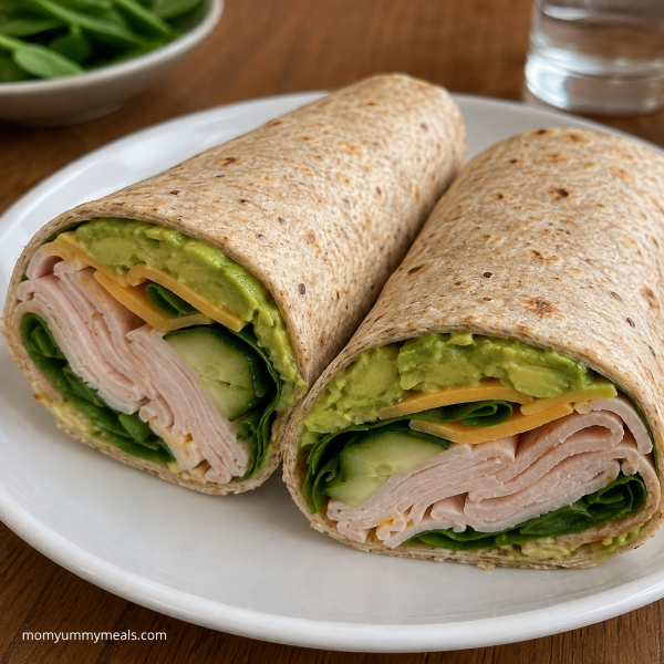 Whole grain turkey avocado wrap with spinach cucumber and cheese