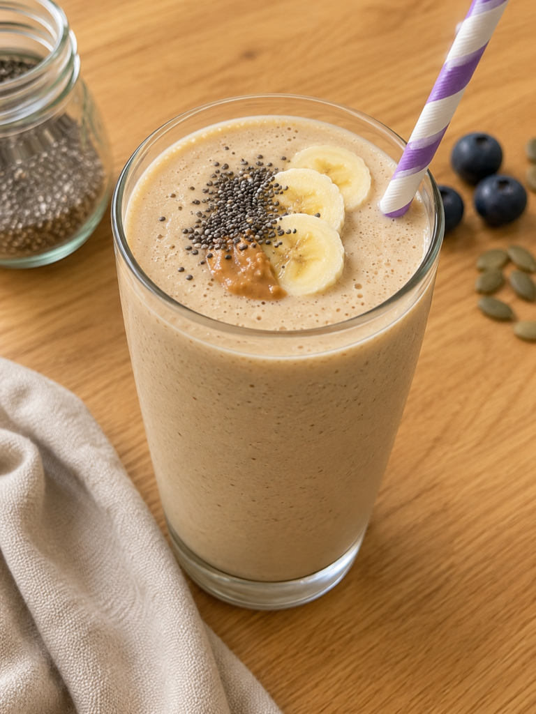 Easy 5 minute high protein breakfast smoothie with banana, Greek yogurt, milk, and peanut butter