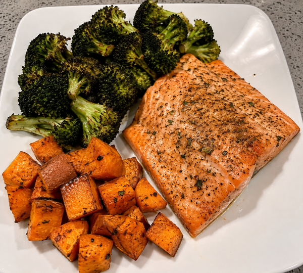 Baked salmon with roasted broccoli and sweet potato